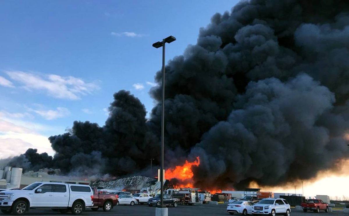 The Umatilla County Sheriff’s Office and other emergency workers are on scene Tuesday of an explosion and fire at Shearer’s Foods in Hermiston. Courtesy: Umatilla county Sheriff